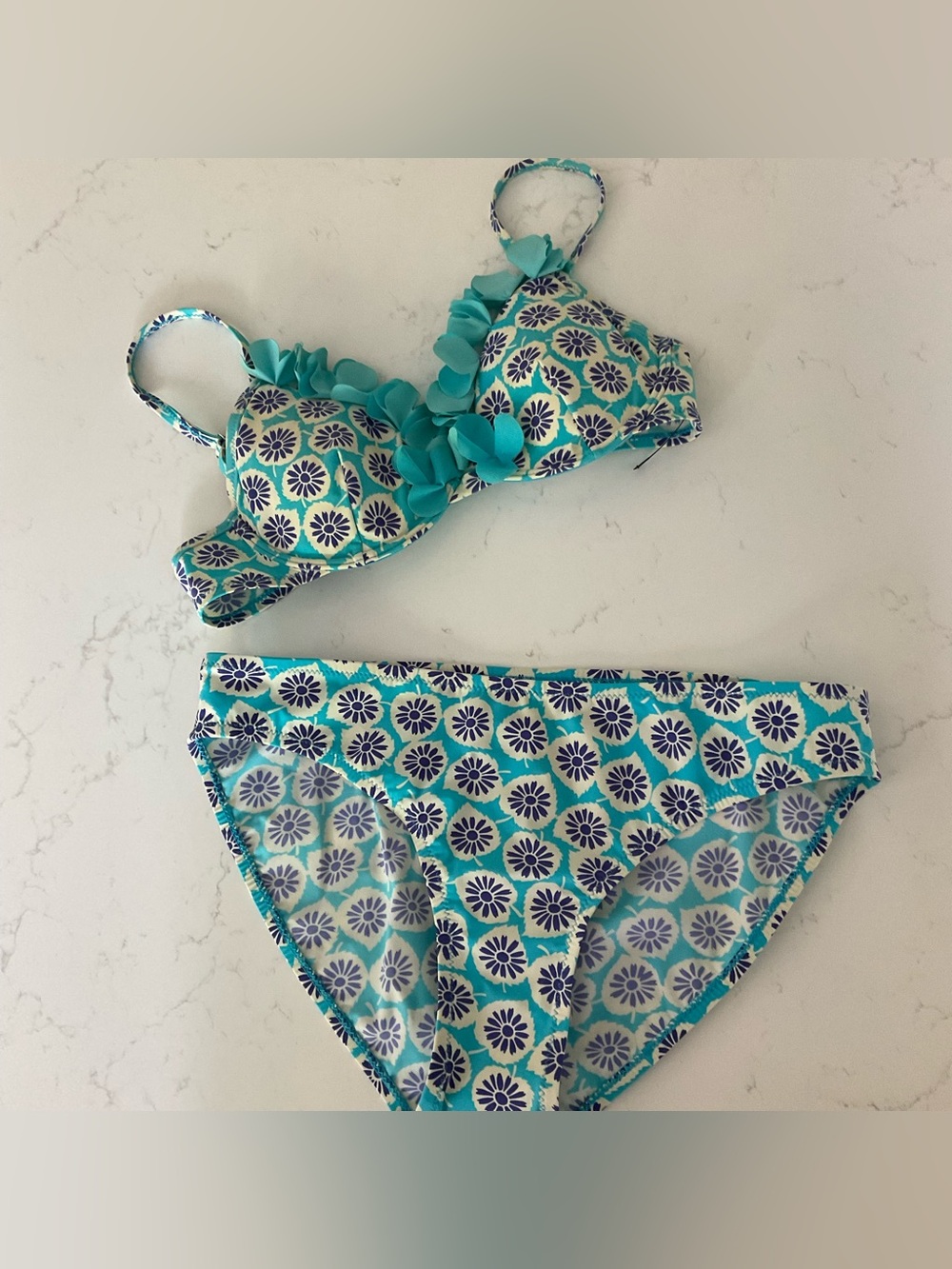 Boden Floral Bikini Set Blue Aqua Daisy Print 34A Top Size 8 Bottoms